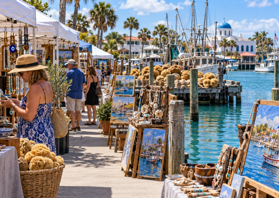 Conceptual Tarpon Springs waterfront craft art festival with artist booths, pottery and boats