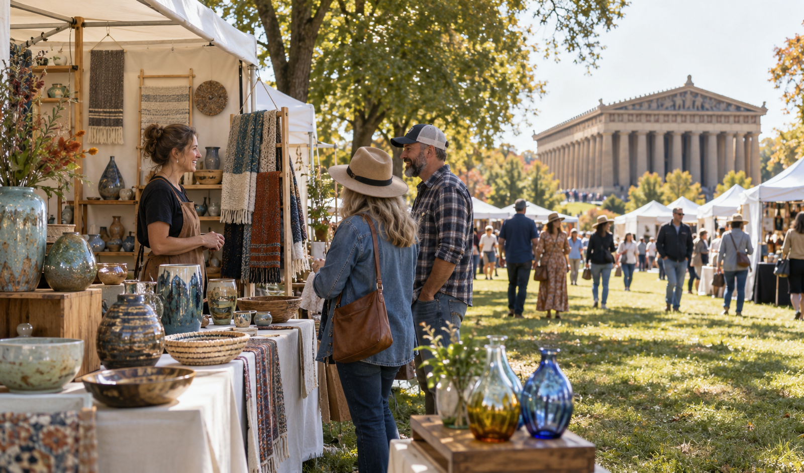Conceptual scene of visitors meeting craft artists beside handmade ceramics and glass on Nashville’s Centennial Park lawn.