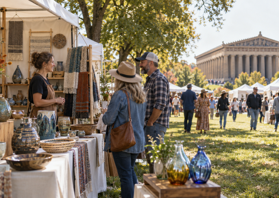 Conceptual scene of visitors meeting craft artists beside handmade ceramics and glass on Nashville’s Centennial Park lawn.