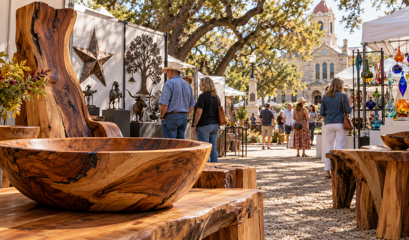 Conceptual display of a handcrafted mesquite wood bowl at an outdoor fine art fair in Fredericksburg, Texas.