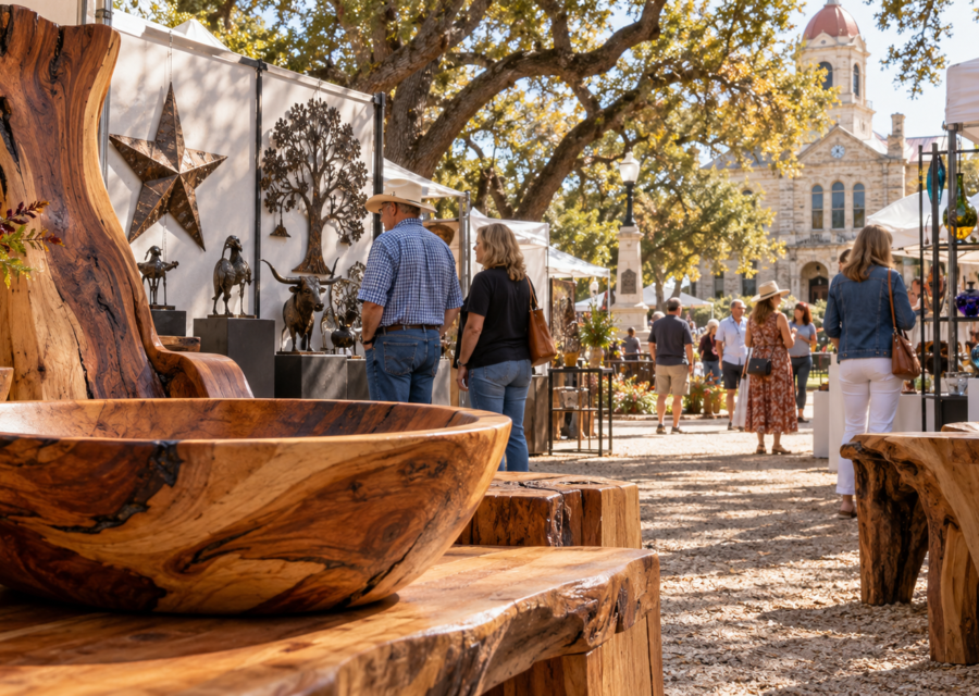 Conceptual display of a handcrafted mesquite wood bowl at an outdoor fine art fair in Fredericksburg, Texas.