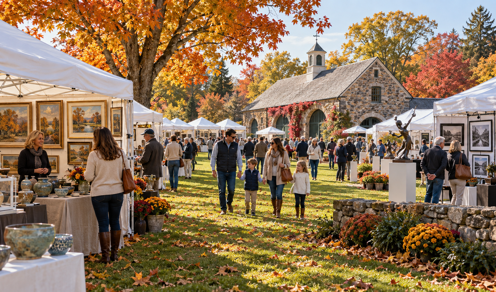 Conceptual Waveny Park arts festival with fine art booths and colorful New England fall foliage