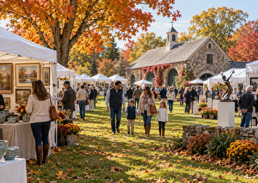 Conceptual Waveny Park arts festival with fine art booths and colorful New England fall foliage