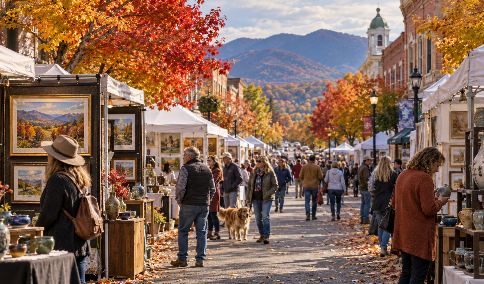 Conceptual fall fine art show with artist booths on a tree-lined Waynesboro street