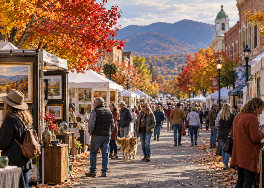 Conceptual fall fine art show with artist booths on a tree-lined Waynesboro street