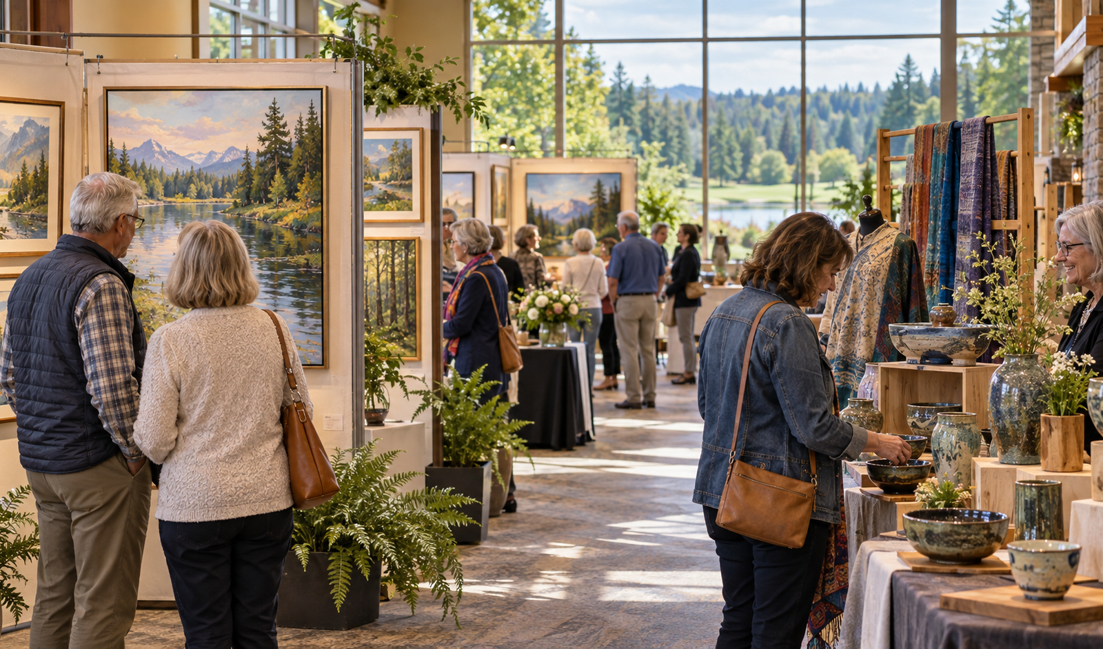 Conceptual indoor fine art gallery and artisan booth show with visitors looking at Northwest paintings and ceramics.