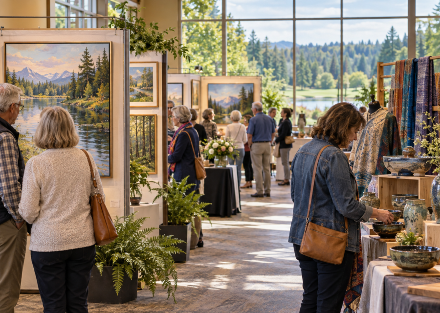 Conceptual indoor fine art gallery and artisan booth show with visitors looking at Northwest paintings and ceramics.