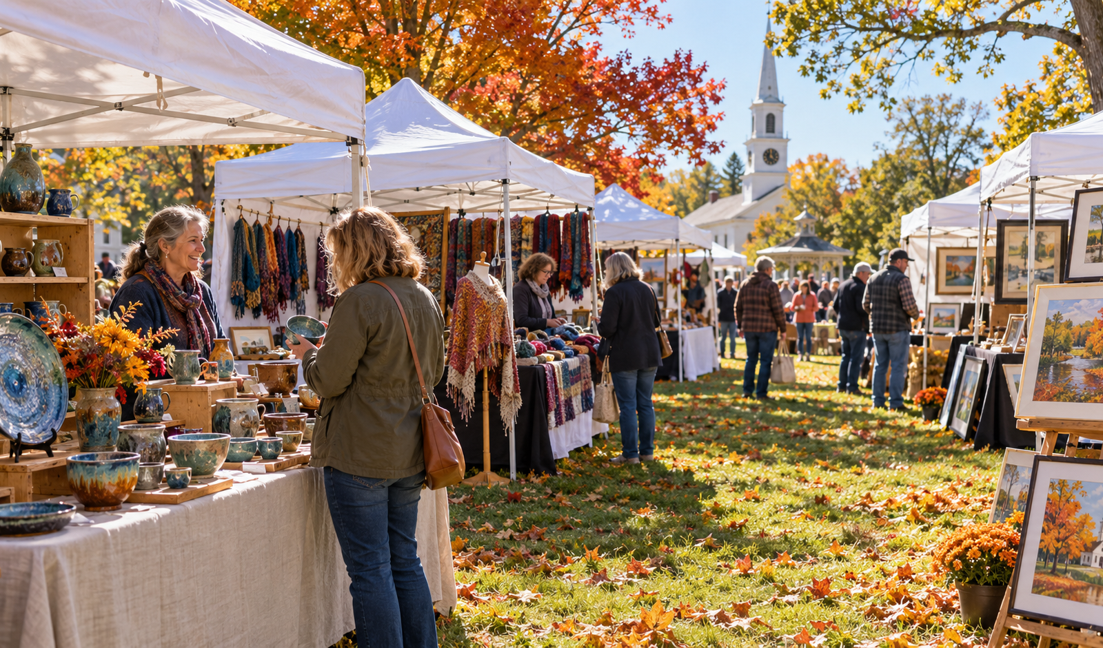 Conceptual Connecticut town green craft fair with handmade ceramics and paintings under tents.