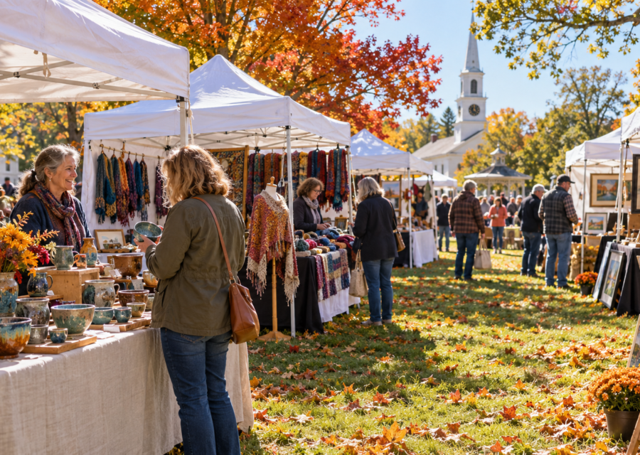 Conceptual Connecticut town green craft fair with handmade ceramics and paintings under tents.