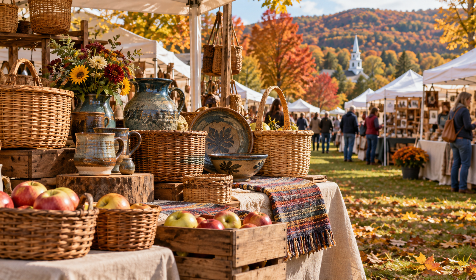 Conceptual Vermont juried craft fair with handmade baskets, pottery and apples amid fall foliage.