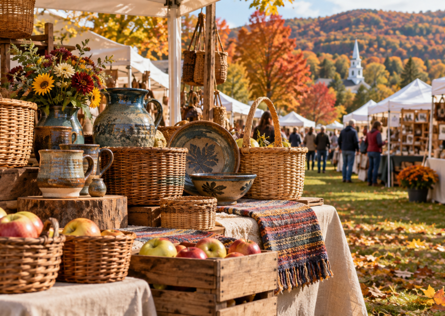 Conceptual Vermont juried craft fair with handmade baskets, pottery and apples amid fall foliage.