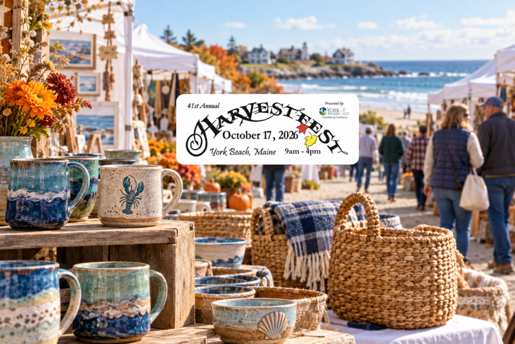 Created coastal artisan-market scene with handmade pottery, baskets and the official York Harvestfest 2026 logo.
